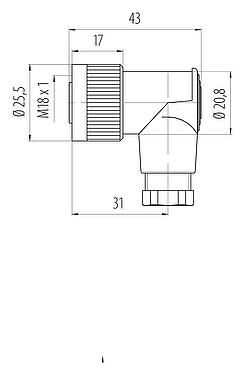 Dibujo a escala M18 Conector hembra en ángulo, Número de contactos: 4, 6,5-8,0 mm, sin blindaje, tornillo extraíble, IP67