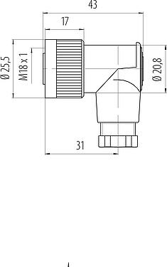 Dibujo a escala M18 Conector hembra en ángulo, Número de contactos: 4, 6,5-8,0 mm, sin blindaje, tornillo extraíble, IP67