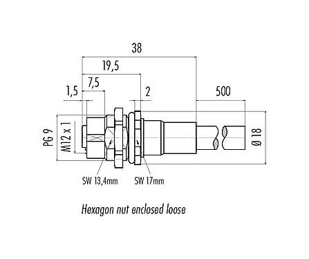 Scale drawing M12 Female panel mount connector, Contacts: 8, shielded, with cable assembled, IP68, PG 9, PUR, 8 x 0.25 mm², Rear mounting, 0.5 m