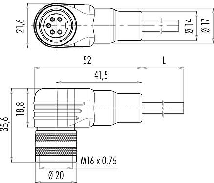 Scale drawing M16 Female angled connector, Contacts: 14 (14-b), unshielded, moulded on the cable, IP67, PUR, black, 8 x 0.25 mm² / 2 x 0.50 mm², 2 m