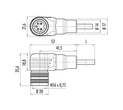 Scale drawing M16 Female angled connector, Contacts: 14 (14-b), unshielded, moulded on the cable, IP67, PUR, black, 8 x 0.25 mm² / 2 x 0.50 mm², 2 m