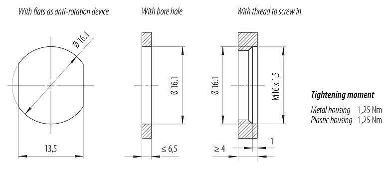 Instructions de montage / Découpe du panneau M12 Embase femelle, Contacts: 5, non blindé, fils, IP68, UL 2238, M16x1,5, Montage mural arrière, vissable par l'avant