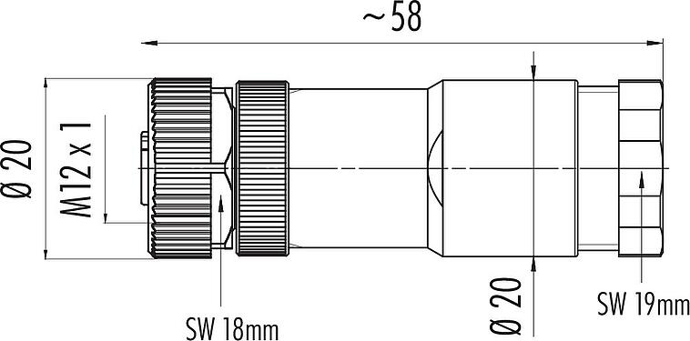 Scale drawing M12 Female cable duo connector, Contacts: 8, 2.1-3.0 mm (2 cable) or 4-5 mm (2 cable), unshielded, screw clamp, IP67, UL 2238