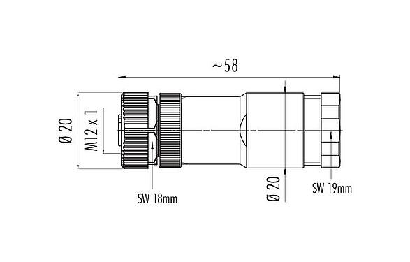Scale drawing M12 Female cable duo connector, Contacts: 8, 2.1-3.0 mm (2 cable) or 4-5 mm (2 cable), unshielded, screw clamp, IP67, UL 2238