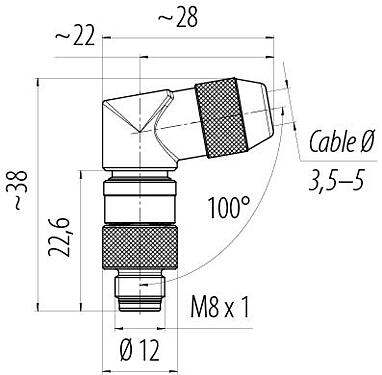 Dessin coté M8 Connecteur mâle coudé, Contacts: 4, 3,5-5,0 mm, blindable, souder, IP67, UL 2238