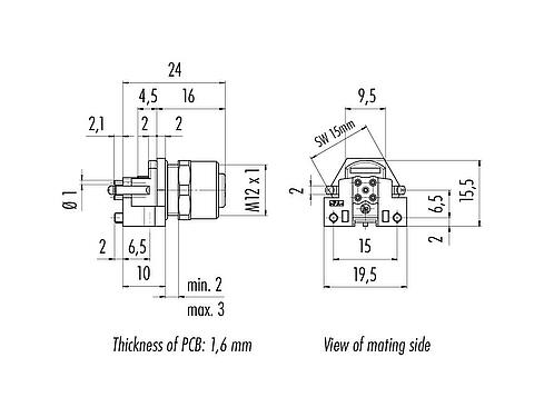 Scale drawing M12 Female panel mount connector, Contacts: 5, unshielded, THR, IP68, UL 2238, M12x1.0, Front mounting, for PCB assembly