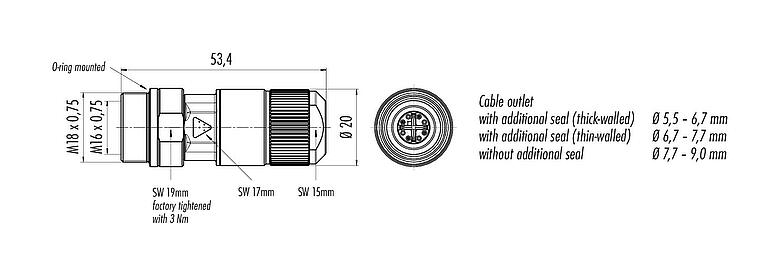 Scale drawing M16 Female cable connector, Contacts: 8, 5.5-9.0 mm, shieldable, IDC, IP67