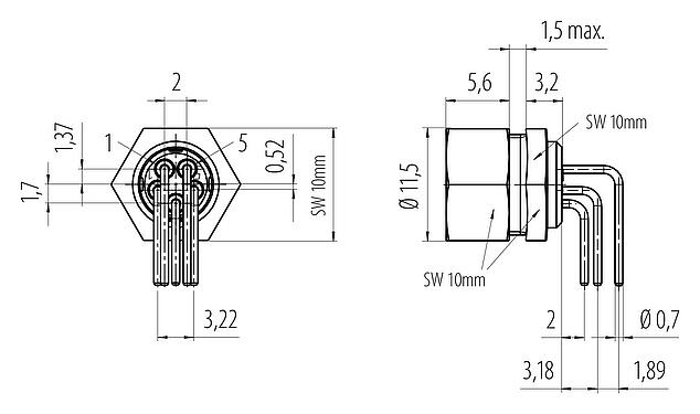 Conexión y dimensiones
M9 Toma de ángulo brida, Número de contactos: 5, sin blindaje, THT, IP40, Montaje frontal