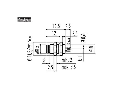 Scale drawing M8 Male panel mount connector, Contacts: 8, unshielded, THT, IP67, UL 2238, M8x1.0, Rear mounting, potted
