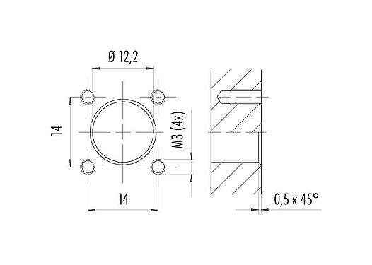 Muestra de montaje M12 Conector de montaje en panel macho cuadrado, Número de contactos: 12, sin blindaje, hilos, IP40, UL 2238, M3 (4x), Montaje frontal, moldeado