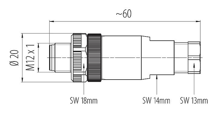 Dibujo a escala M12 Conector de cable macho, Número de contactos: 5, 4,0-6,0 mm, sin blindaje, tornillo extraíble, IP67