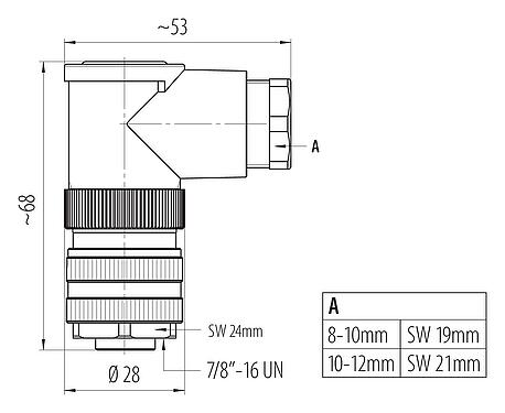Dessin coté 7/8" Connecteur femelle coudé, Contacts: 4+PE, 8,0-10,0 mm, non blindé, pince à visser, IP67, UL 2238, VDE