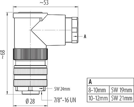 Dibujo a escala 7/8" Conector hembra en ángulo, Número de contactos: 4+PE, 10,0-12,0 mm, sin blindaje, tornillo extraíble, IP67, UL 2238, VDE