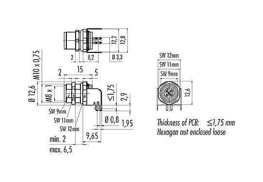 Scale drawing M8 Female panel mount connector, Contacts: 4, shieldable, THT, IP67, M8x1.0, Rear mounting