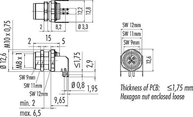 Scale drawing M8 Female angled panel mount connector, Contacts: 4, shieldable, THT, IP67, Rear mounting, potted