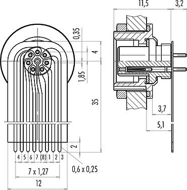 Connection & dimensions M9 Female panel mount connector, Contacts: 7, unshielded, THT, IP67, M12x0.5, Rear mounting