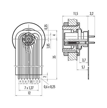 Connection & dimensions M9 Female panel mount connector, Contacts: 7, unshielded, THT, IP67, M12x0.5, Rear mounting
