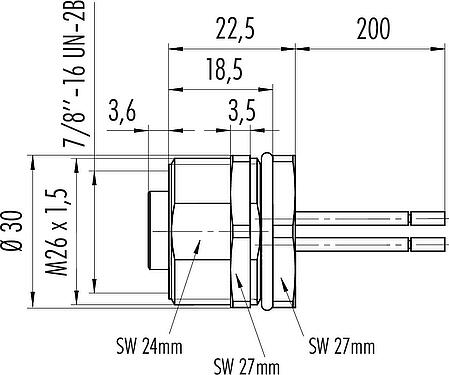 Dibujo a escala 7/8" Toma de brida, Número de contactos: 4, sin blindaje, hilos, IP68, UL 2238, VDE, Montaje frontal, moldeado