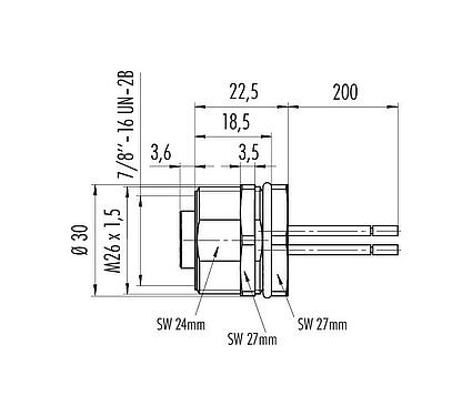 Dibujo a escala 7/8" Toma de brida, Número de contactos: 2+PE, sin blindaje, hilos, IP68, UL 2238, VDE, Montaje frontal, moldeado