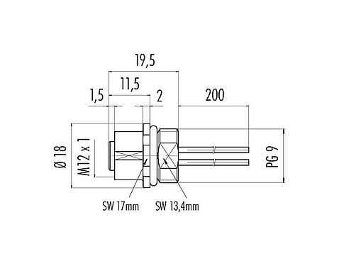 Dibujo a escala M12 Toma de brida, Número de contactos: 4, sin blindaje, hilos, IP68, UL 2238, VDE, PG 9, Montaje frontal, para la fuente de alimentación (potencia), moldeado