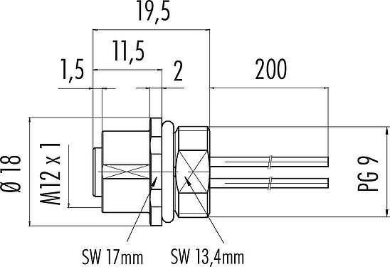 Dibujo a escala M12 Toma de brida, Número de contactos: 4, sin blindaje, hilos, IP68, UL 2238, VDE, PG 9, Montaje frontal, para la fuente de alimentación (potencia), moldeado