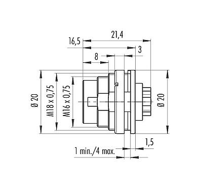 Scale drawing 09 0327 780 07 - M16 Male panel mount connector, Contacts: 7 (07-a), unshielded, crimping (Crimp contacts must be ordered separately), IP40, front fastened