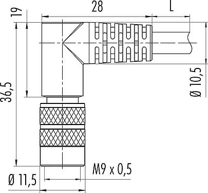 Scale drawing M9 Male angled connector, Contacts: 5, shielded, moulded on the cable, IP67, PUR, black, 5 x 0.25 mm², 2 m
