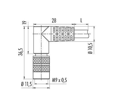Scale drawing M9 Male angled connector, Contacts: 7, shielded, moulded on the cable, IP67, PUR, black, 8 x 0.14 mm², 5 m