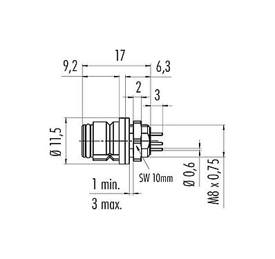 Dessin coté Snap-In Embase femelle, Contacts: 4, non blindé, THT, IP67, UL 2238, M8x0,75, Montage frontal