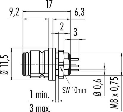 Dibujo a escala Snap-In Toma de brida, Número de contactos: 4, sin blindaje, THT, IP67, UL 2238, M8x0,75, Montaje frontal
