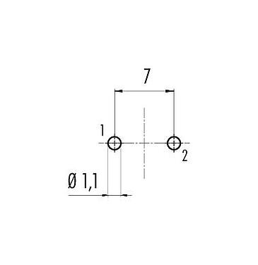 Conductor layout 09 0104 99 02 - M16 Female panel mount connector, Contacts: 2 (02-a), unshielded, THT, IP67, UL, Front mounting