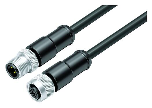 Illustration M12 Connecting cable male cable connector - female cable connector, Contacts: 4, shielded, moulded on the cable, IP67, Ethernet CAT5e, TPE, black, 2 x 2 x AWG 24, 10 m