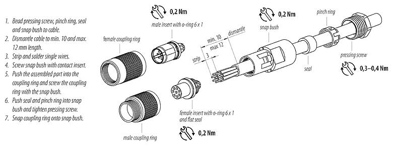 Assembly instructions M9 Male cable connector, Contacts: 5, 3.5-5.0 mm, unshielded, solder, IP67