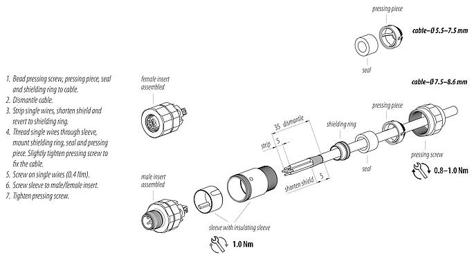 Assembly instructions M12 Female cable connector, Contacts: 5, 5.5-8.6 mm, shieldable, screw clamp, IP68/IP69K, UL 2238, Ecolab, stainless steel, with shielding ring