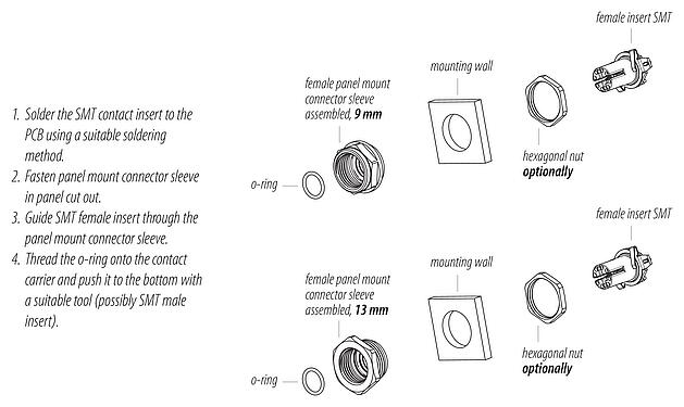 Assembly instructions M12 Female panel mount connector, Contacts: 8, shieldable, SMT, IP68, M14x1.0, Rear mounting