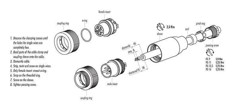 Instrucción de montaje RD30 Conector de cable macho, Número de contactos: 4+PE, 12,0-14,0 mm, sin blindaje, tornillo extraíble, IP65, ESTI+, VDE