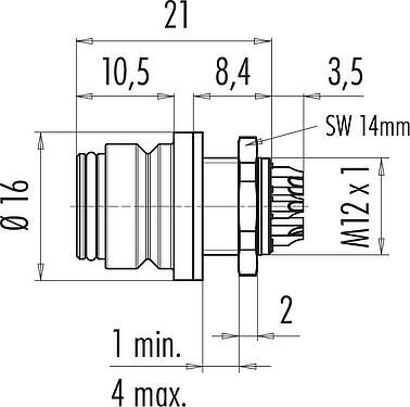 Scale drawing Snap-In Female panel mount connector, Contacts: 12, unshielded, solder, IP67, UL 2238, VDE, M12x1.0, Front mounting