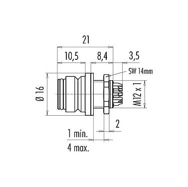 Scale drawing Snap-In Female panel mount connector, Contacts: 8, unshielded, solder, IP67, UL 2238, VDE, M12x1.0, Front mounting