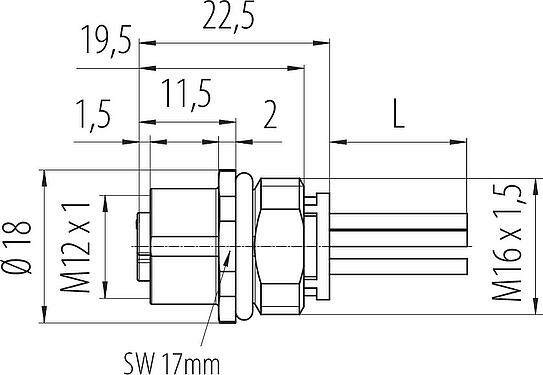 Dibujo a escala M12 Toma de brida, Número de contactos: 5, sin blindaje, hilos, IP68, UL 2238, M16x1,5, Montaje frontal, moldeado
