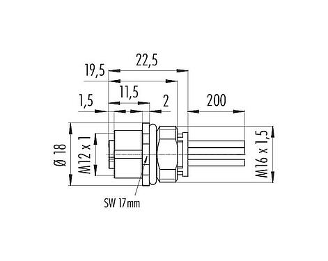 Scale drawing 09 0702 700 05 - M12 Female panel mount connector, Contacts: 4+PE, unshielded, single wires, IP68, UL, M16x1.5