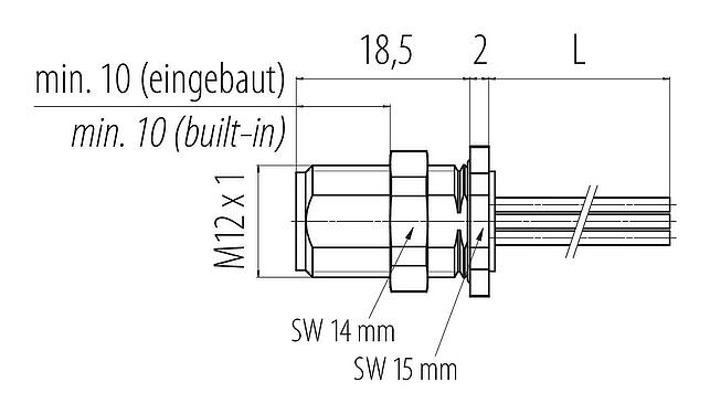 Scale drawing M12 Male panel mount connector, Contacts: 4, unshielded, single wires, IP68, UL 2238, M12x1.0, Rear mounting
