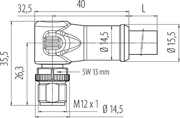 Dessin coté M12 Connecteur mâle coudé, Contacts: 4, non blindé, surmoulé sur le câble, IP68, UL, PUR, noir, 4 x 1,50 mm², 5 m