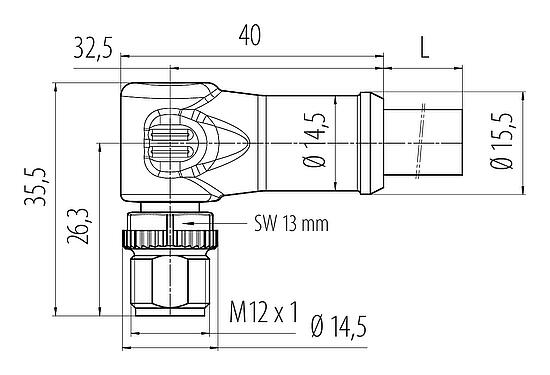 Dibujo a escala 77 0627 0000 50704-0500 - M12 Conector macho en ángulo, Número de contactos: 4, sin blindaje, moldeado en el cable, IP68, UL, PUR, negro, 4 x 1,50 mm², 5 m