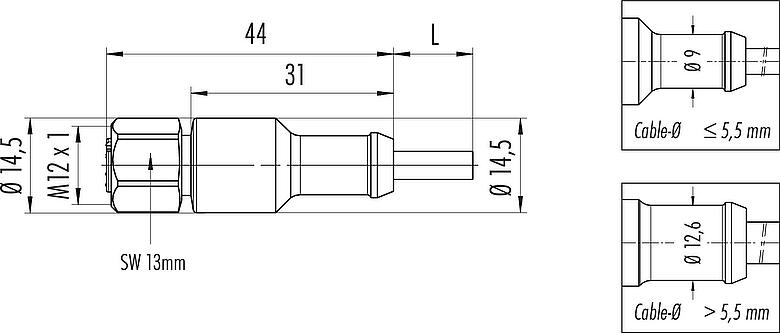 Scale drawing M12 Female cable connector, Contacts: 3, unshielded, moulded on the cable, IP67/IP69K, UL 2238, Ecolab, PVC, grey, 3 x 0.34 mm², stainless steel, 5 m