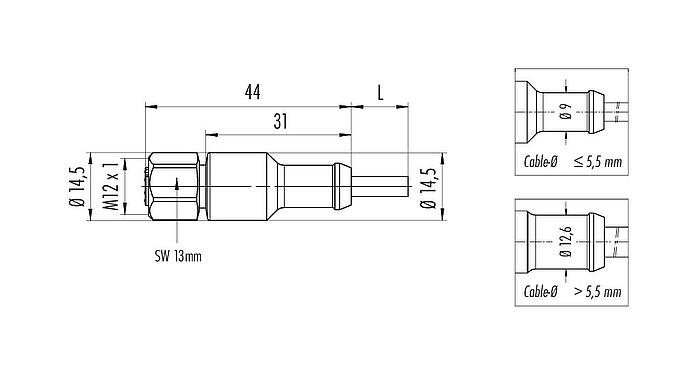Dessin coté M12 Connecteur femelle, Contacts: 8, non blindé, surmoulé sur le câble, IP67/IP69K, UL 2238, Ecolab, PVC, gris, 8 x 0,25 mm², Acier inoxydable, 2 m