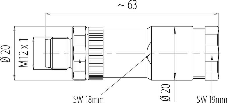 Scale drawing M12 Male cable duo connector, Contacts: 8, 2.1-3.0 mm (2 cable) or 4-5 mm (2 cable), unshielded, screw clamp, IP67, UL 2238