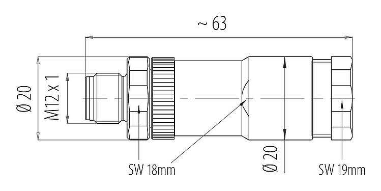 Dessin coté M12 Duo-connecteur mâle, Contacts: 4, 2.1-3.0 mm (2 câble) ou 4-5 mm (2 câble), non blindé, pince à visser, IP67, UL 2238