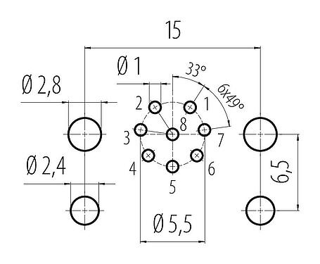 Conductor layout 99 3481 200 08 - M12 Male panel mount connector, Contacts: 8, unshielded, THR, IP68, UL 2238, for PCB assembly