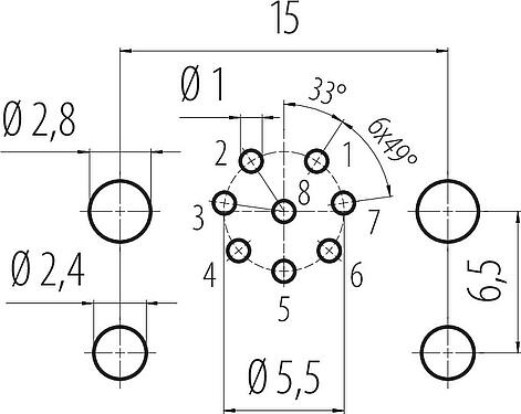 Disposition du conducteur M12 Embase mâle, Contacts: 8, non blindé, THR, IP68, UL 2238, M12x1,0, Montage mural arrière, pour assemblage PCB