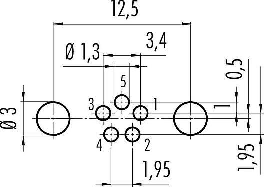 Conductor layout M8 Male panel mount connector, Contacts: 5, shieldable, THT, IP67, UL 2238, M8x1.0, Rear mounting, potted